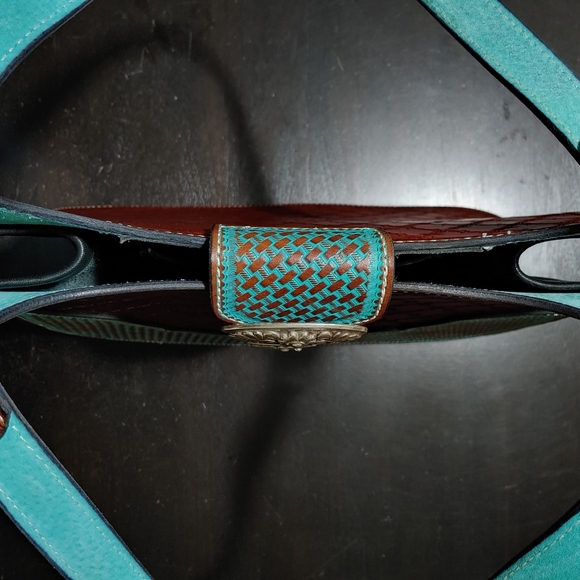 SILVERTIP Hobo Satchel Tooled Leather Saddle Brown and Turquoise Blue and Silver - Picture 10 of 12